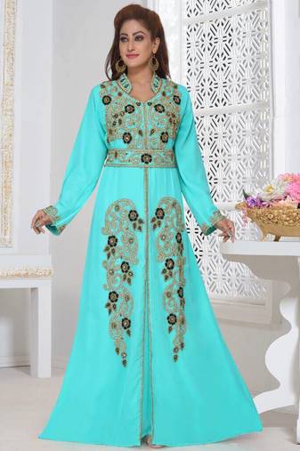 Sea Green Zari & Stone Work Stitched Satan Kaftan Wedding Dress