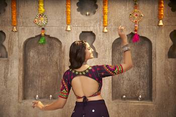 PURPLE THREAD EMBROIDERED WITH MIRROR WORK VISCOSE RAYON TRADITIONAL NAVRATRI GARBA FESTIVAL SEMI STITCHED LEHENGA CHOLI 6