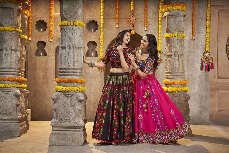 BLACK THREAD EMBROIDERED WITH MIRROR WORK VISCOSE RAYON TRADITIONAL NAVRATRI GARBA FESTIVAL SEMI STITCHED LEHENGA CHOLI