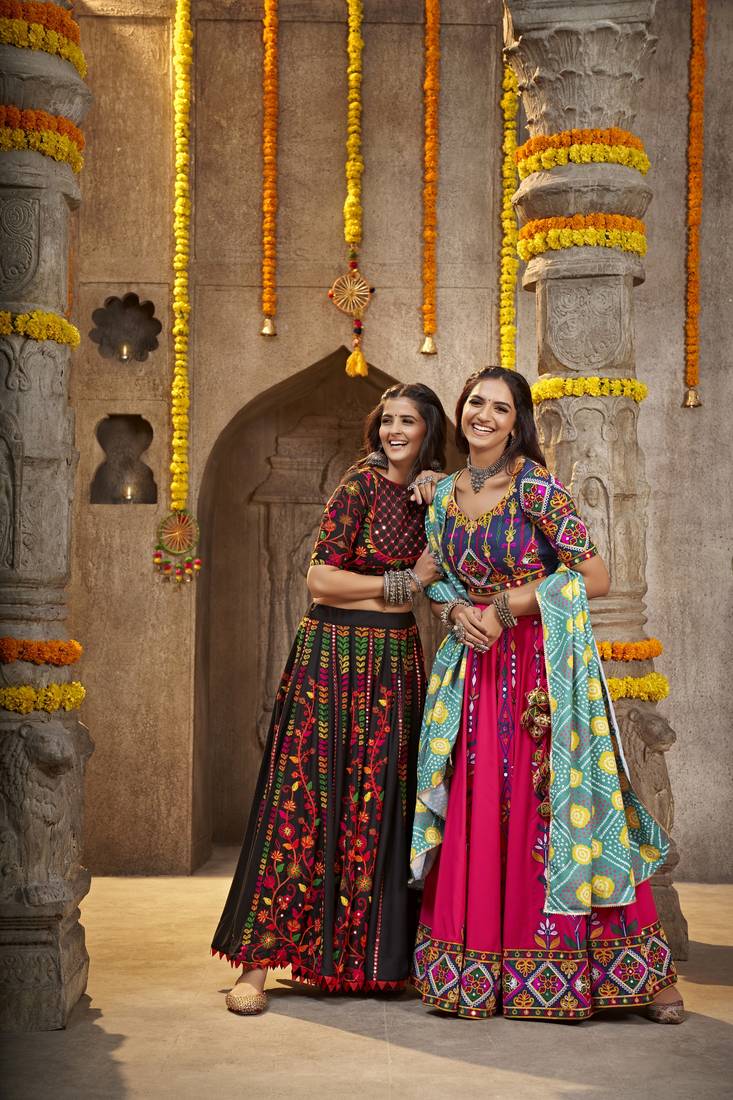 RANI PINK THREAD EMBROIDERED WITH MIRROR WORK VISCOSE RAYON TRADITIONAL NAVRATRI FESTIVAL SEMI STITCHED LEHENGA CHOLI