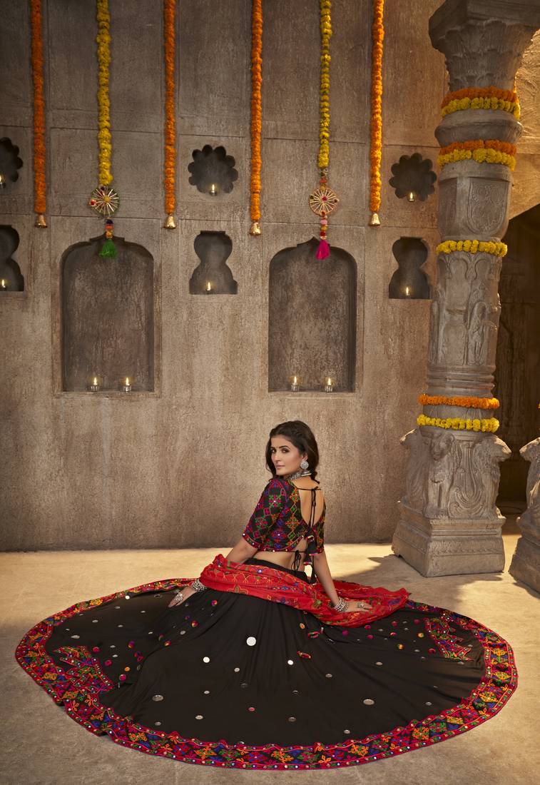 BLACK THREAD EMBROIDERED WITH MIRROR WORK VISCOSE RAYON TRADITIONAL NAVRATRI GARBA FESTIVAL SEMI STITCHED LEHENGA CHOLI