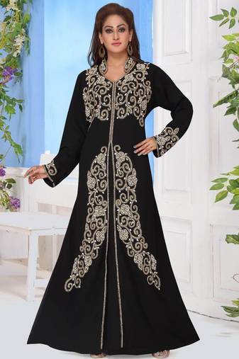 Black Zari & Stone Work Stitched Satan Kaftan Wedding Dress