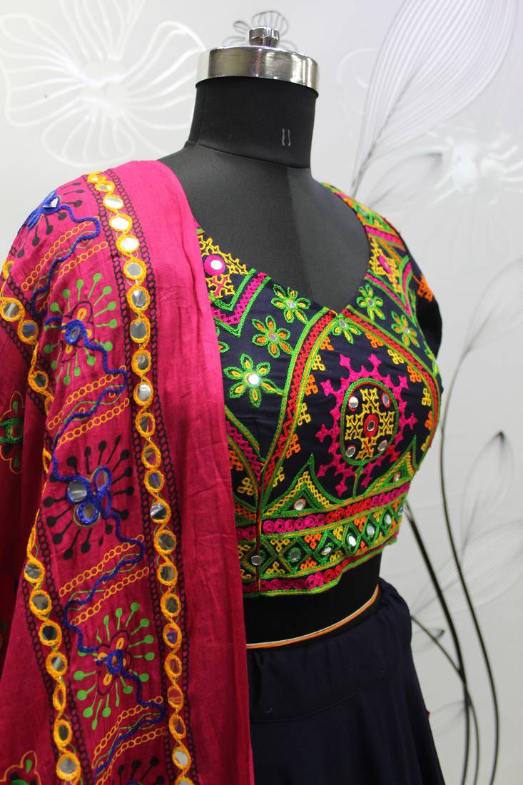 NAVY BLUE THREAD EMBROIDERED WITH MIRROR WORK VISCOSE RAYON TRADITIONAL NAVRATRI FESTIVAL SEMI STITCHED LEHENGA CHOLI