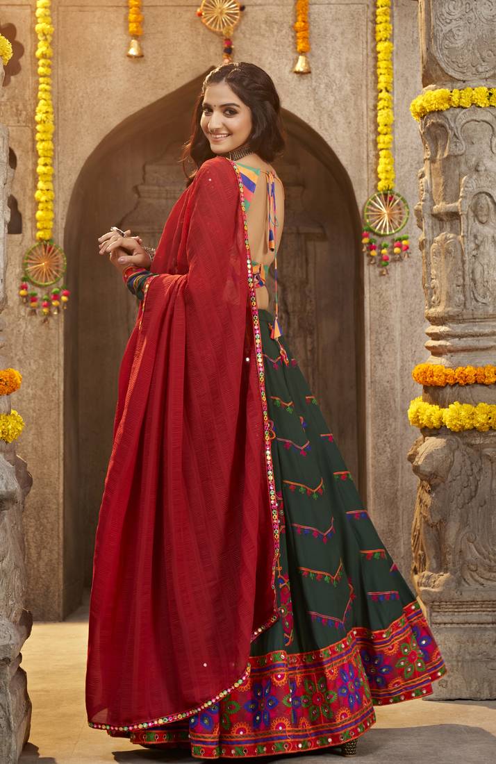 GREEN THREAD EMBROIDERED WITH MIRROR WORK VISCOSE RAYON TRADITIONAL NAVRATRI GARBA FESTIVAL SEMI STITCHED LEHENGA CHOLI