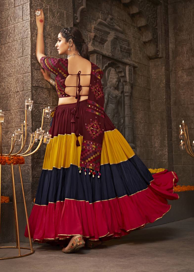 MULTICOLOR THREAD EMBROIDERED WITH MIRROR WORK VISCOSE RAYON TRADITIONAL NAVRATRI 22 METER FLAIR LEHENGA CHOLI
