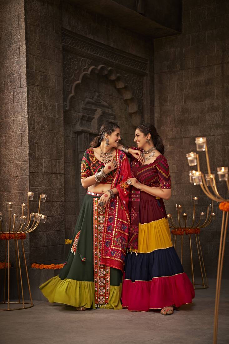 GREEN THREAD EMBROIDERED WITH MIRROR WORK VISCOSE RAYON TRADITIONAL NAVRATRI GARBA FESTIVAL SEMI STITCHED LEHENGA CHOLI