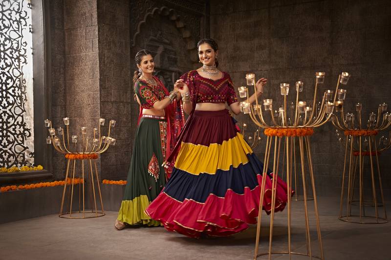 MULTICOLOR THREAD EMBROIDERED WITH MIRROR WORK VISCOSE RAYON TRADITIONAL NAVRATRI 22 METER FLAIR LEHENGA CHOLI
