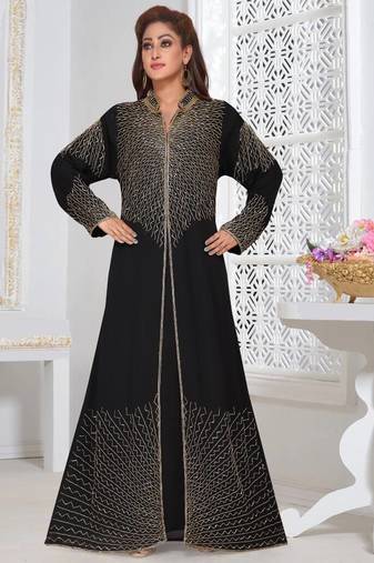 Black Zari & Stone Work Stitched Satan Kaftan Wedding Dress