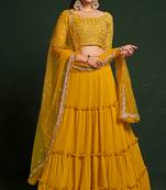 Yellow Color Thread & Sequins Embroidery Work  Ruffle Lehenga Choli For Festival
