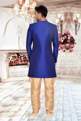 Royal Blue Art Silk Wedding Sherwani Indo Western