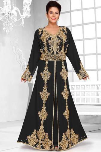 Black Zari & Stone Work Stitched Satan Kaftan Wedding Dress
