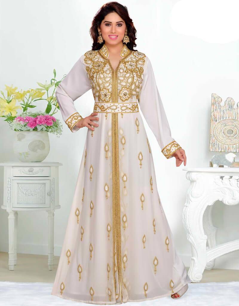 White Zari & Stone Work Stitched Satan Kaftan Wedding Dress