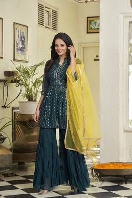 Green embroidered sequinned kurti with sharara and dupatta 2