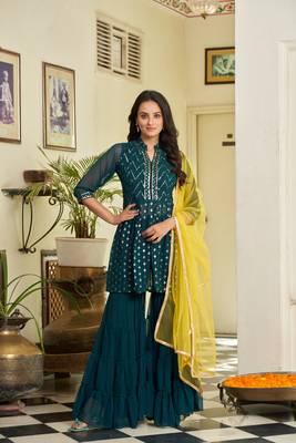 Green embroidered sequinned kurti with sharara and dupatta 1