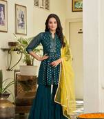 Green embroidered sequinned kurti with sharara and dupatta