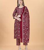 Maroon cotton ptinted straight kurta with trouser & dupatta
