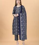 Navy blue cotton ptinted straight kurta with trouser & dupatta