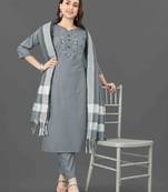 Grey cotton blend neck embroidery straight kurta with trouser & dupatta