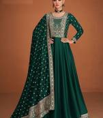Peacock green silk blend anarkali semi stitched gowns