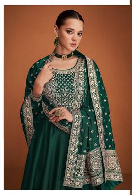 Peacock green silk blend anarkali semi stitched gowns 2