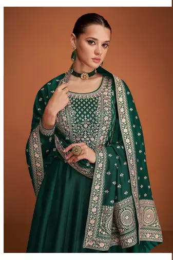 Peacock green silk blend anarkali semi stitched gowns