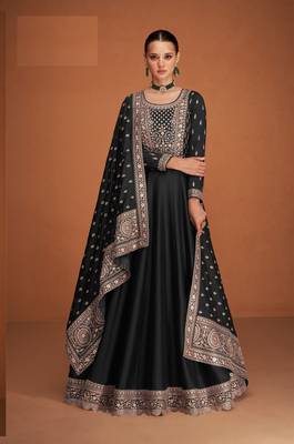 Black silk blend anarkali semi stitched gowns 1