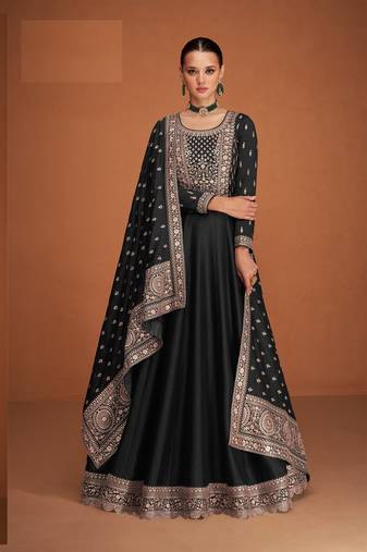 Black silk blend anarkali semi stitched gowns