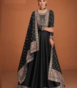 Black silk blend anarkali semi stitched gowns