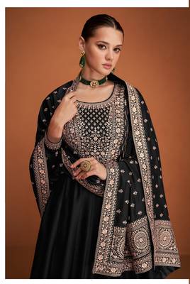 Black silk blend anarkali semi stitched gowns 2