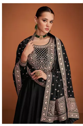 Black silk blend anarkali semi stitched gowns