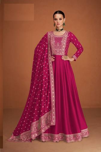 Rani pink silk blend anarkali semi stitched gowns