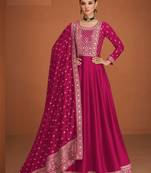 Rani pink silk blend anarkali semi stitched gowns