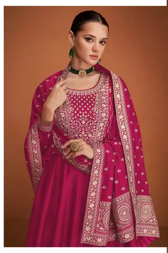 Rani pink silk blend anarkali semi stitched gowns
