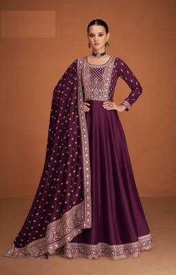 Dark purple silk blend anarkali semi stitched gowns 1