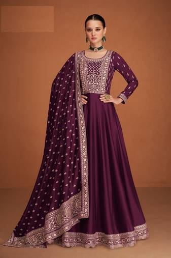 Dark purple silk blend anarkali semi stitched gowns