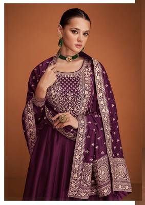 Dark purple silk blend anarkali semi stitched gowns 2