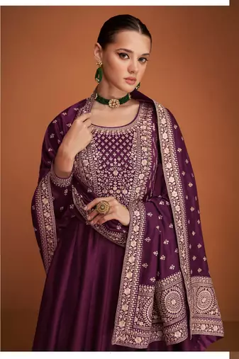 Dark purple silk blend anarkali semi stitched gowns