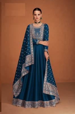 Royal blue silk blend anarkali semi stitched gowns 1