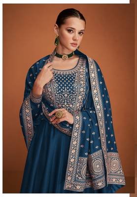 Royal blue silk blend anarkali semi stitched gowns 2