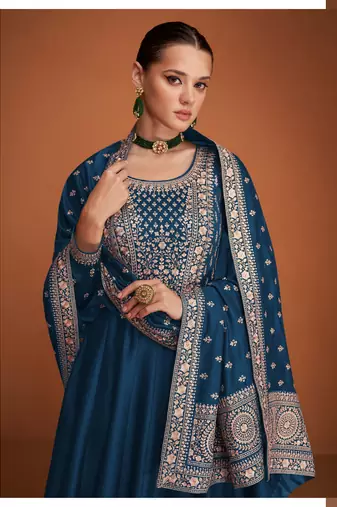 Royal blue silk blend anarkali semi stitched gowns