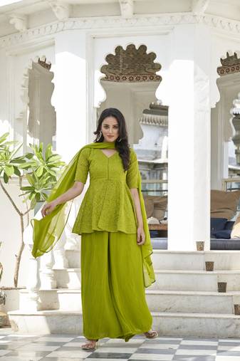 Lime green ethnic motifs embroidered  kurta with palazzo and dupatta