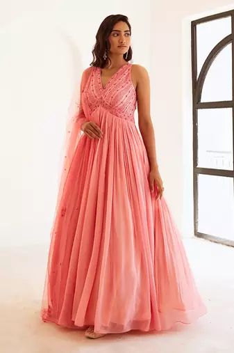 Peachish pink anarkali with dupatta