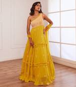 Yellow one shoulder anarkaki with net dupatta