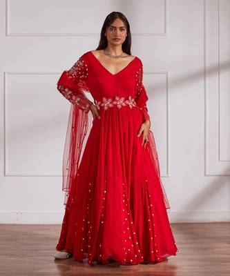 Red anarkali with belt and dupatta 1