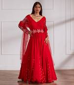 Red anarkali with belt and dupatta