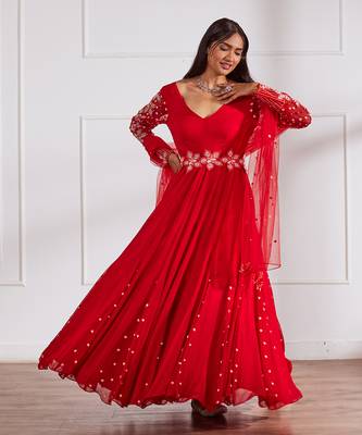 Red anarkali with belt and dupatta 2