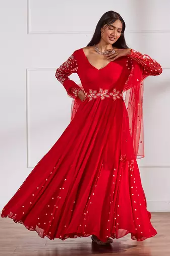 Red anarkali with belt and dupatta