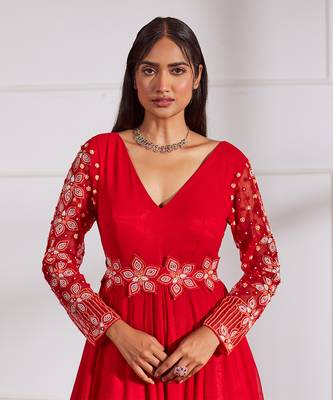 Red anarkali with belt and dupatta 4