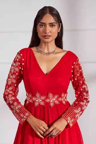 Red anarkali with belt and dupatta