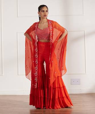 Rust croptop and gharara set with cape 1